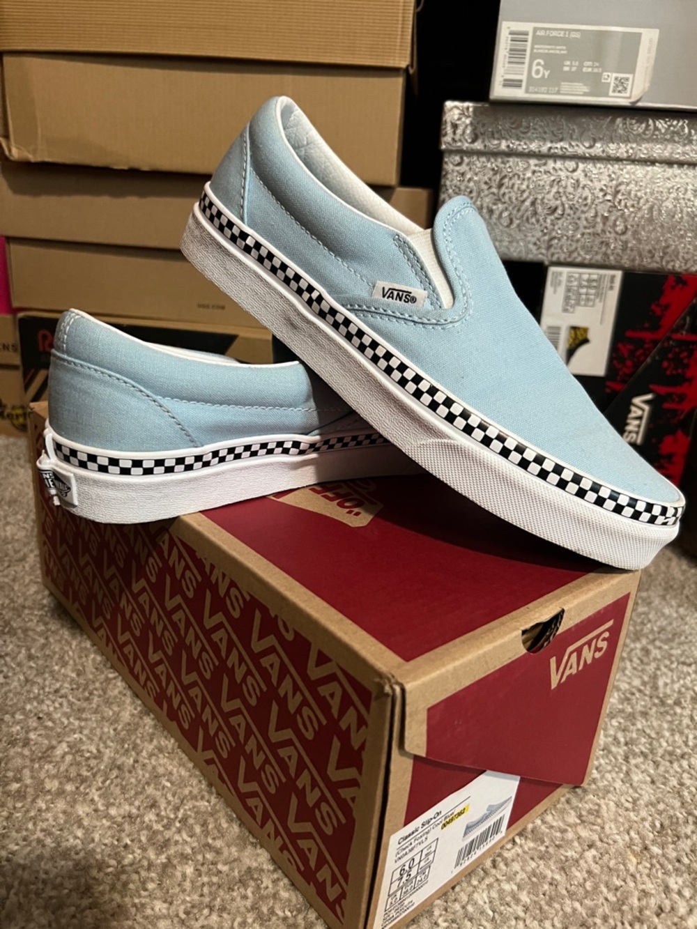 Vans Light Blue Slip-On with Checkerboard Trim